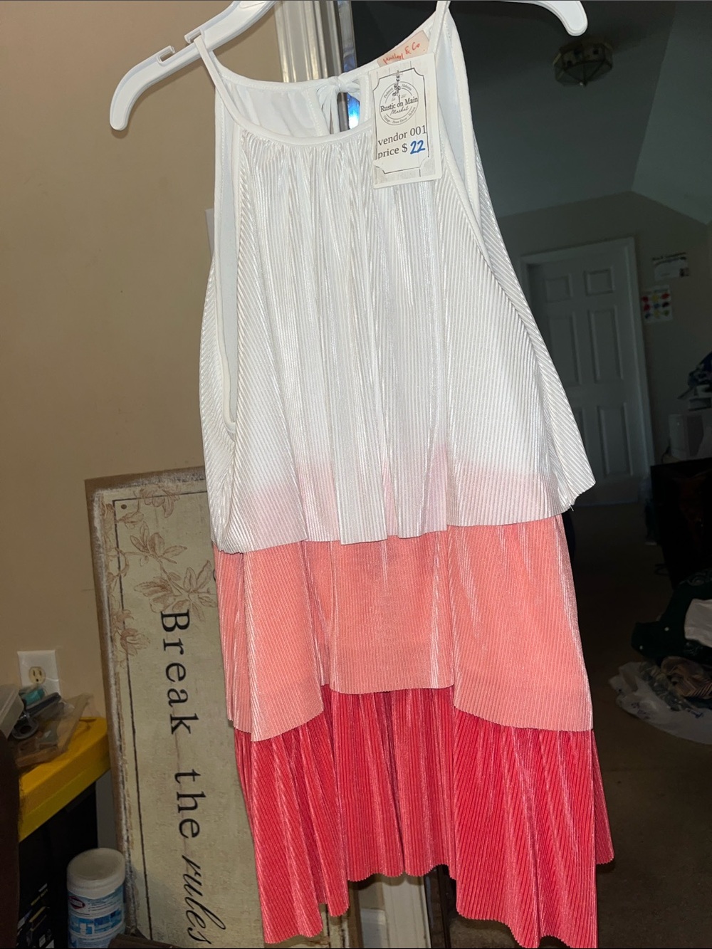 Sleeveless Tiered Pleated Blouse in White, Coral & Pink - Picture 1 of 3
